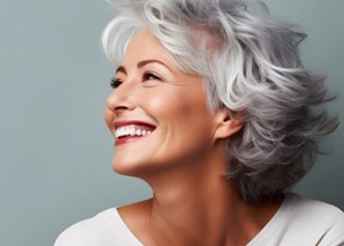 An older woman showing off her new dentures in Marlton 