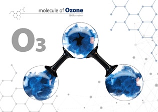 Three-dimensional illustration of ozone molecule against white background