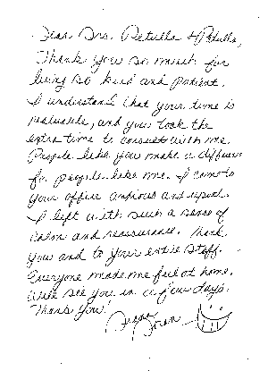 Handwritten note from dental patient