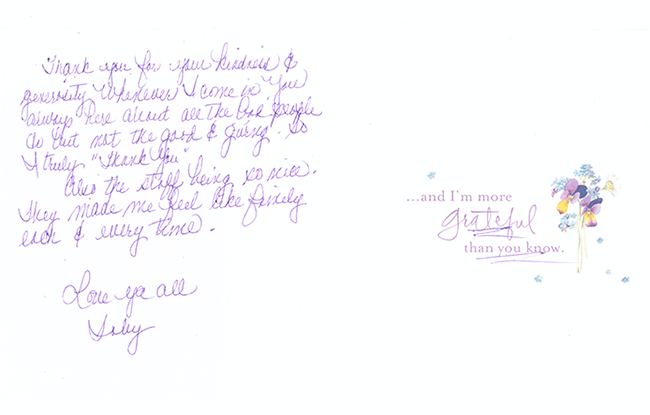 Handwritten thank you note from Marlton patient