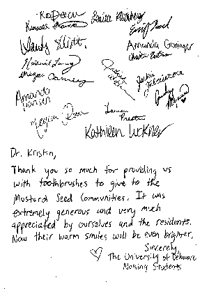Handwritten thank you note from Mustard Seed Communities